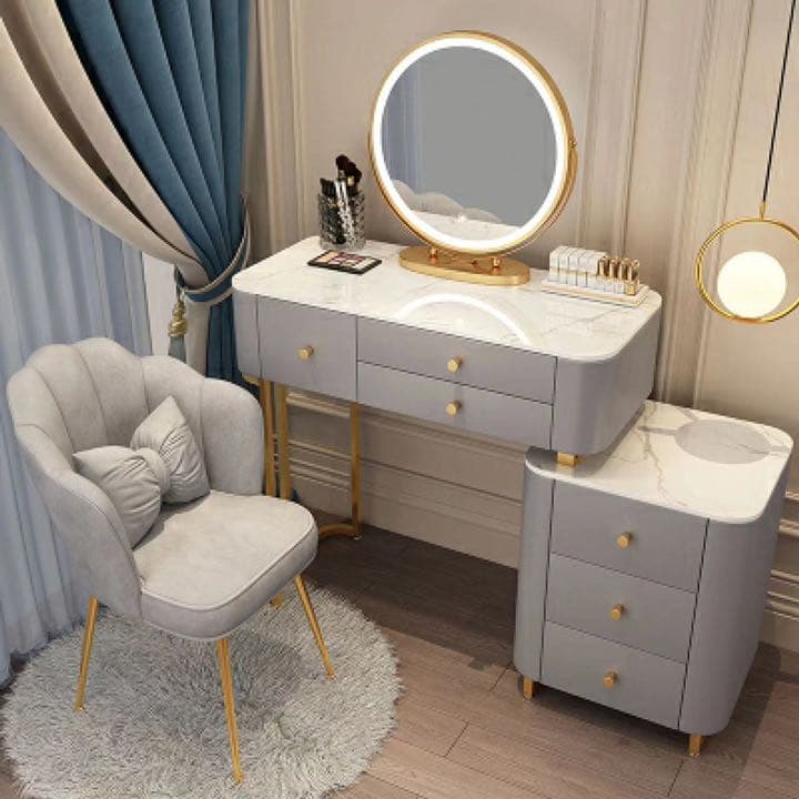 北欧風  ホワイト　80cmオシャレドレッサーお姫系　大理石天板 LEDミラー