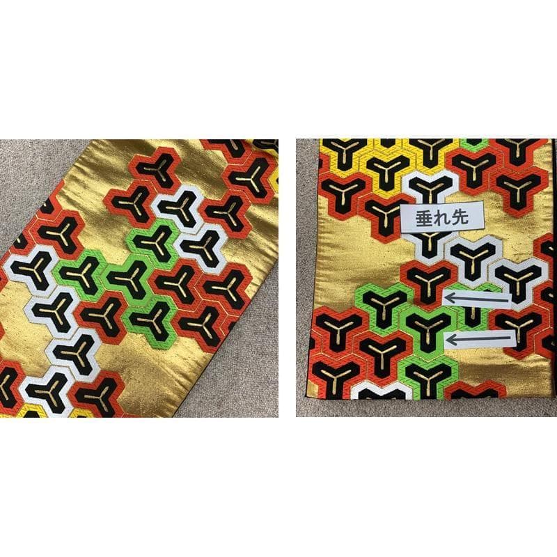 412ag63□七五三 七歳 女児 着物&袋帯 金彩 縮緬 扇 赤緑□状態良好u