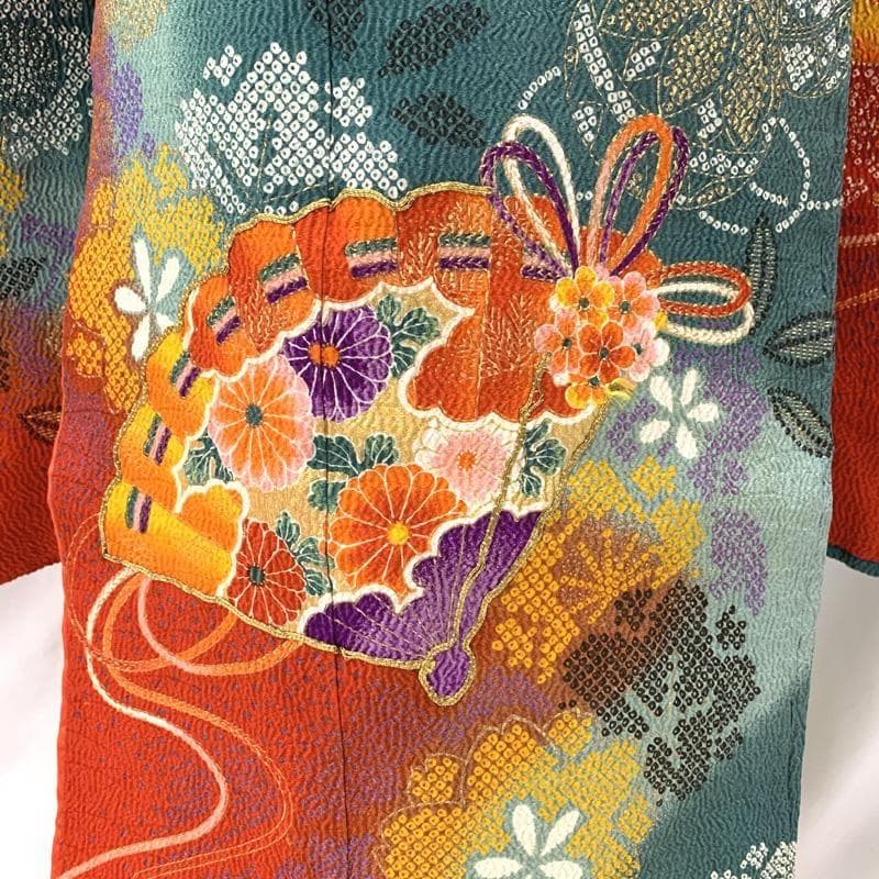 412ag63□七五三 七歳 女児 着物&袋帯 金彩 縮緬 扇 赤緑□状態良好u