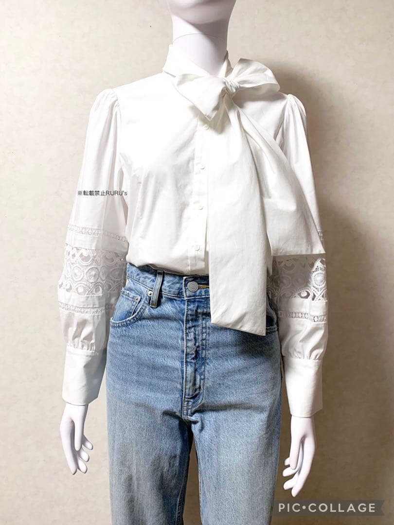 新品 alice+olivia アイレット刺繍レース ボウタイ シャツブラウス