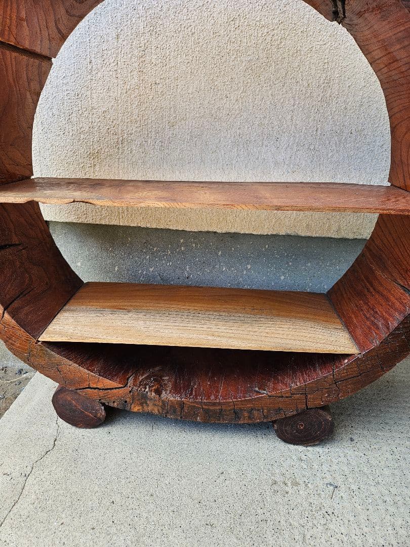 欅の飾り棚 木製 無垢 シェルフ オープンラック 丸型 和室 古民家 和モダン