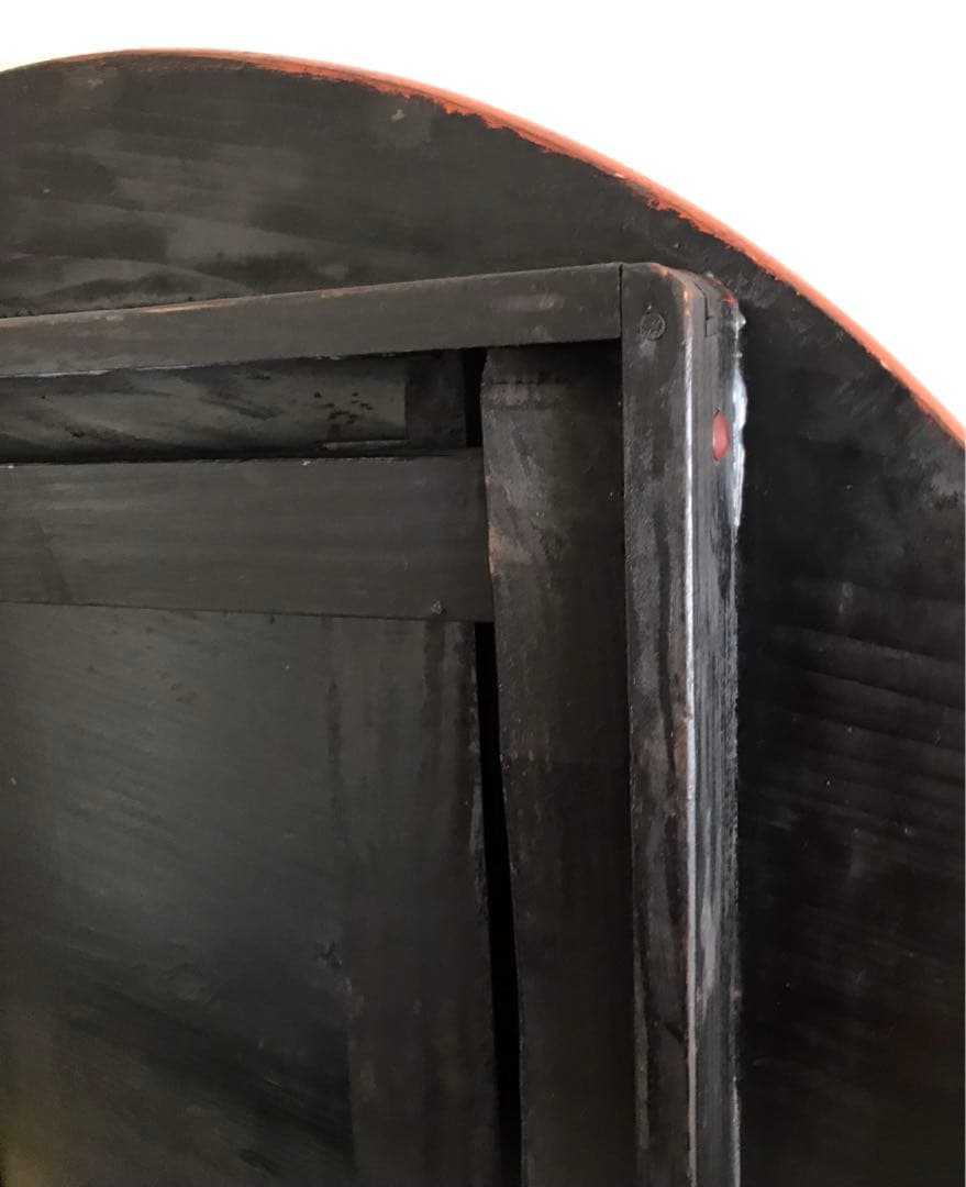 昭和レトロ　オレンジ、黒色 円形木製折り畳みテーブル　【希少】