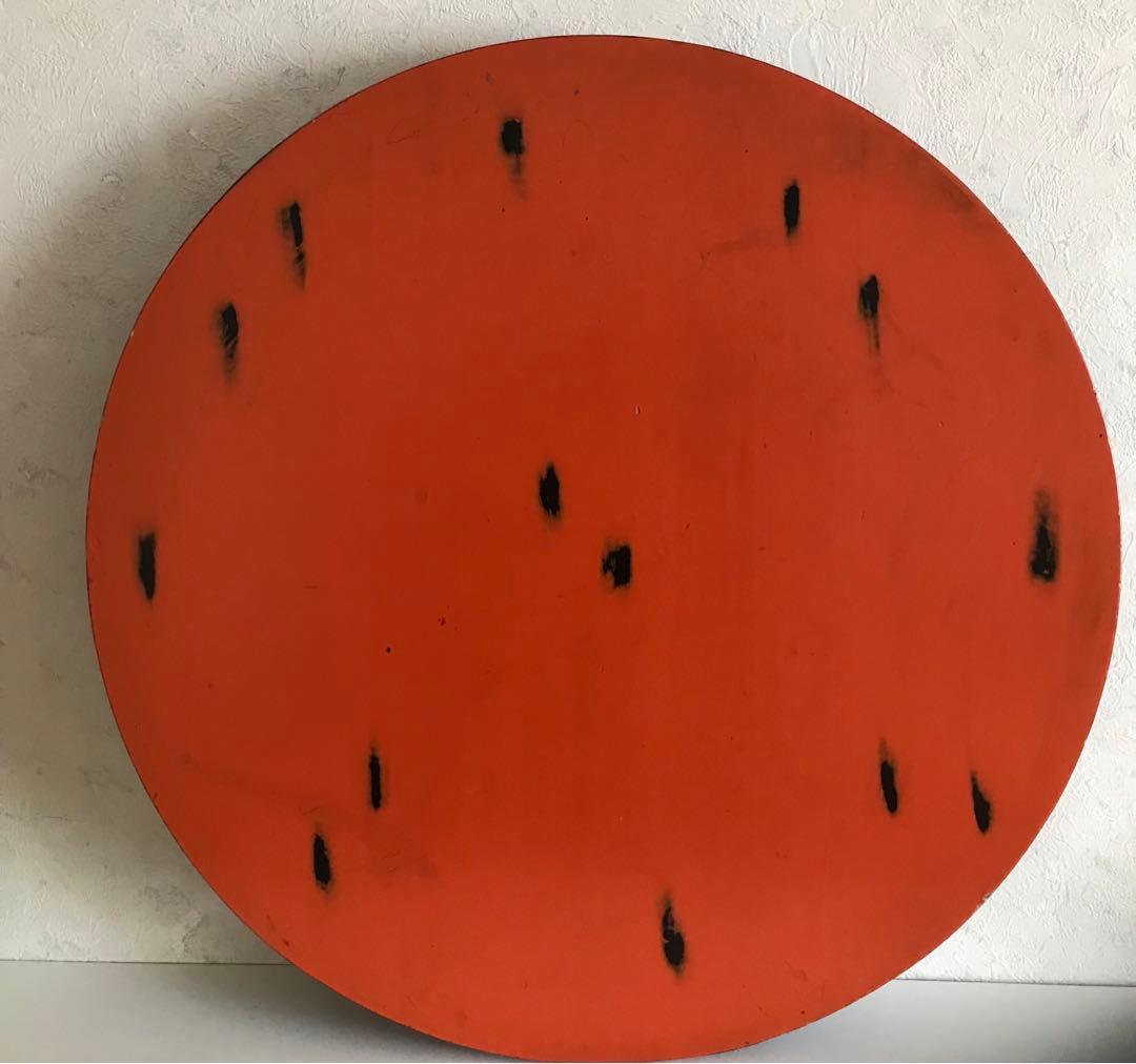 昭和レトロ　オレンジ、黒色 円形木製折り畳みテーブル　【希少】