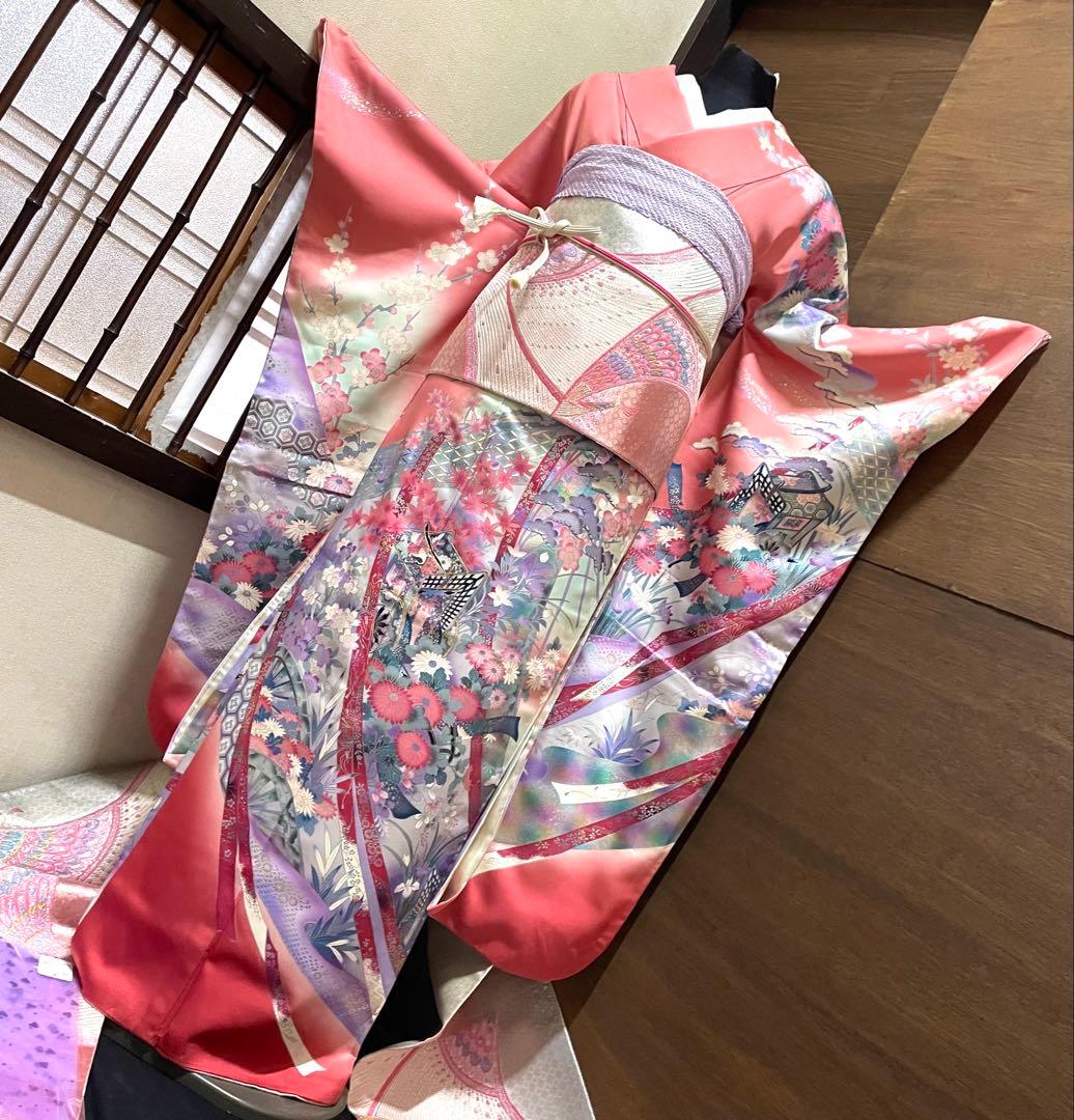 振袖 フルセット6点サイズM〜Ｌ駒刺繍　御所車花文　暈し染め　金彩正絹