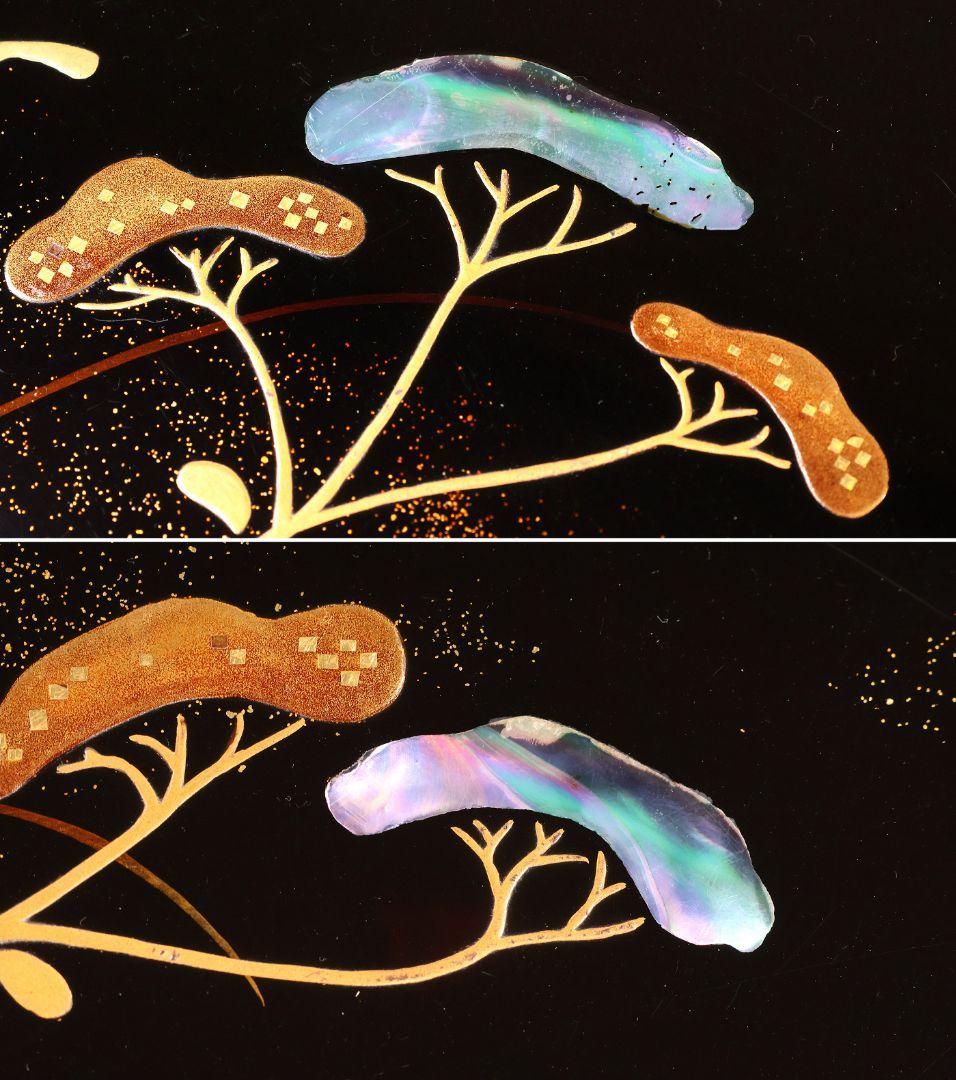 古い膳 螺鈿 流水草花 金銀蒔絵 四方膳 卓上 五客 根来 黒 木製 CM388