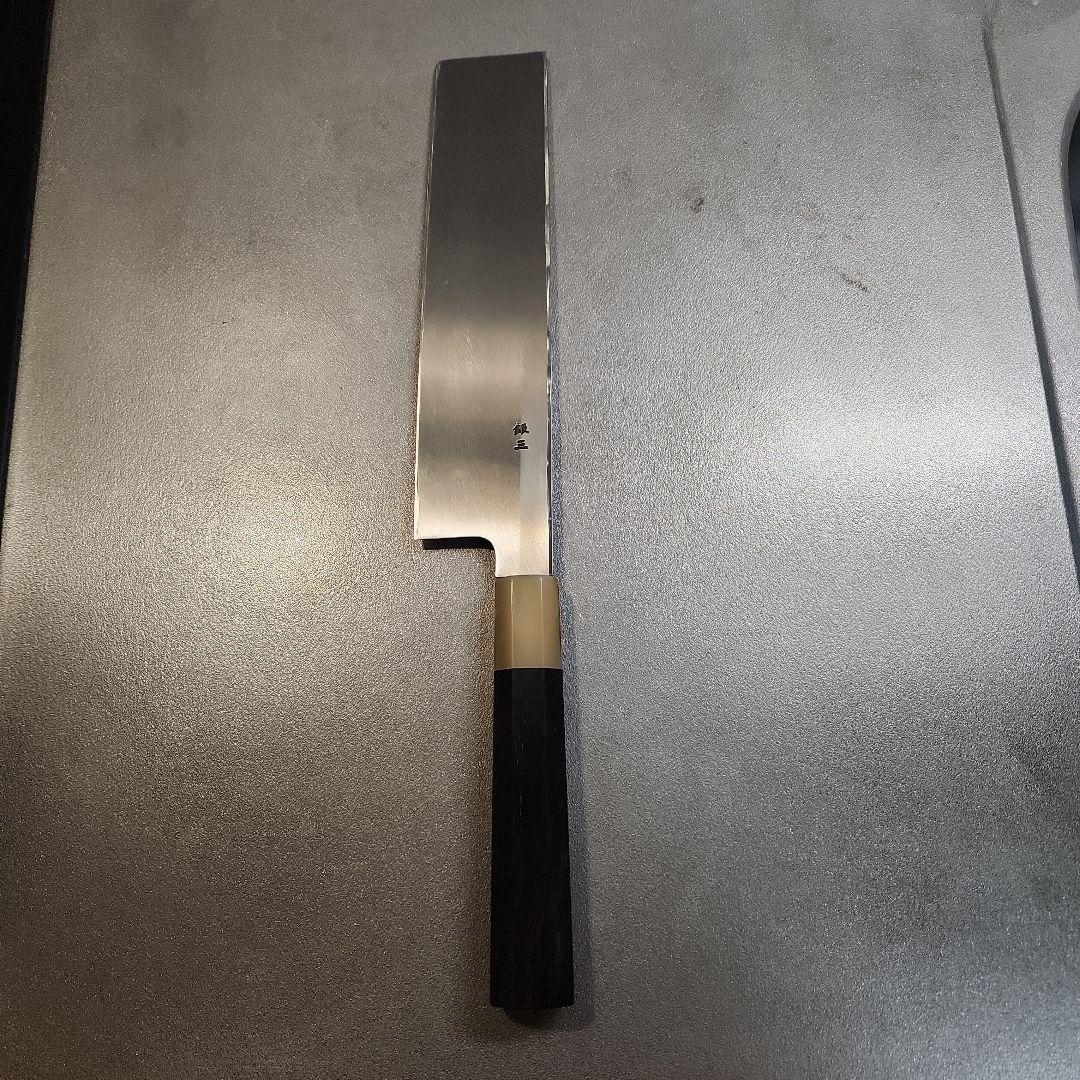 堺實光作　薄刃包丁　銀三　和包丁　黒檀水牛八角柄