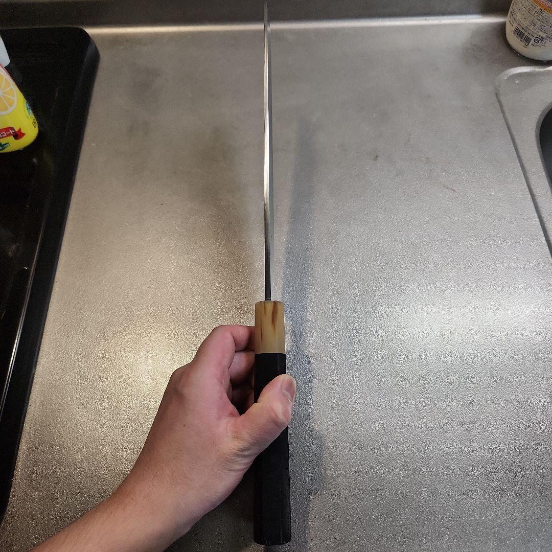 堺實光作　薄刃包丁　銀三　和包丁　黒檀水牛八角柄