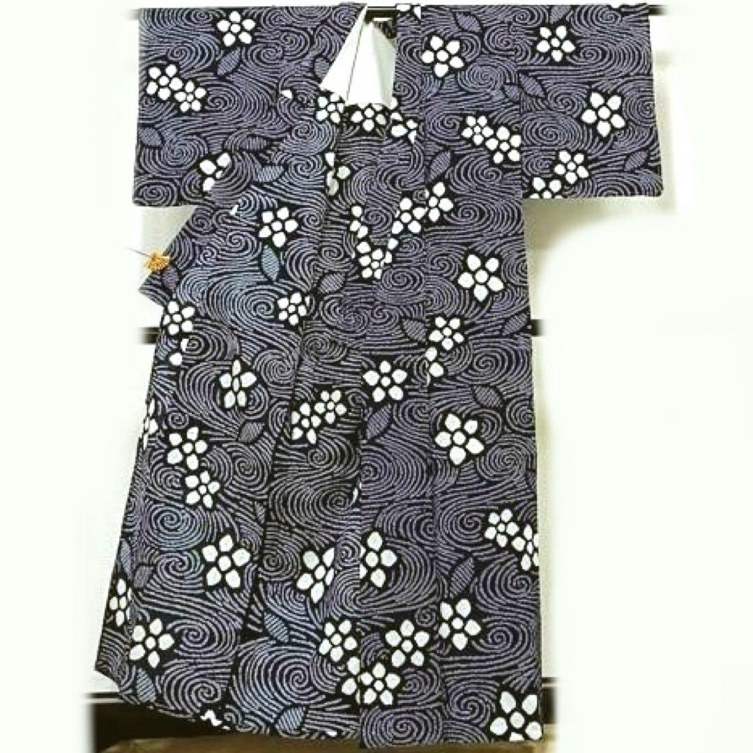 有松絞り　浴衣　身丈160 有松鳴海絞り　流水　渦巻き　紺地　鹿の子絞り