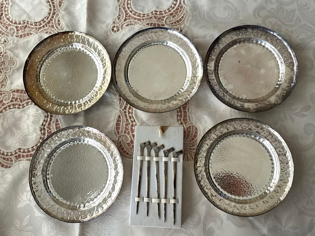 尚美堂　純銀製菓子皿6枚セット　銀製楊枝5本セット