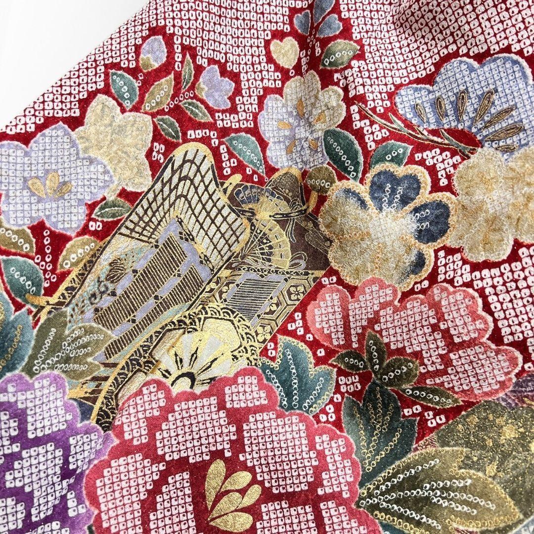 振袖　銀通し　金彩　辻ヶ花　鹿の子　牡丹　花模様　紅白　着物　121b p ms