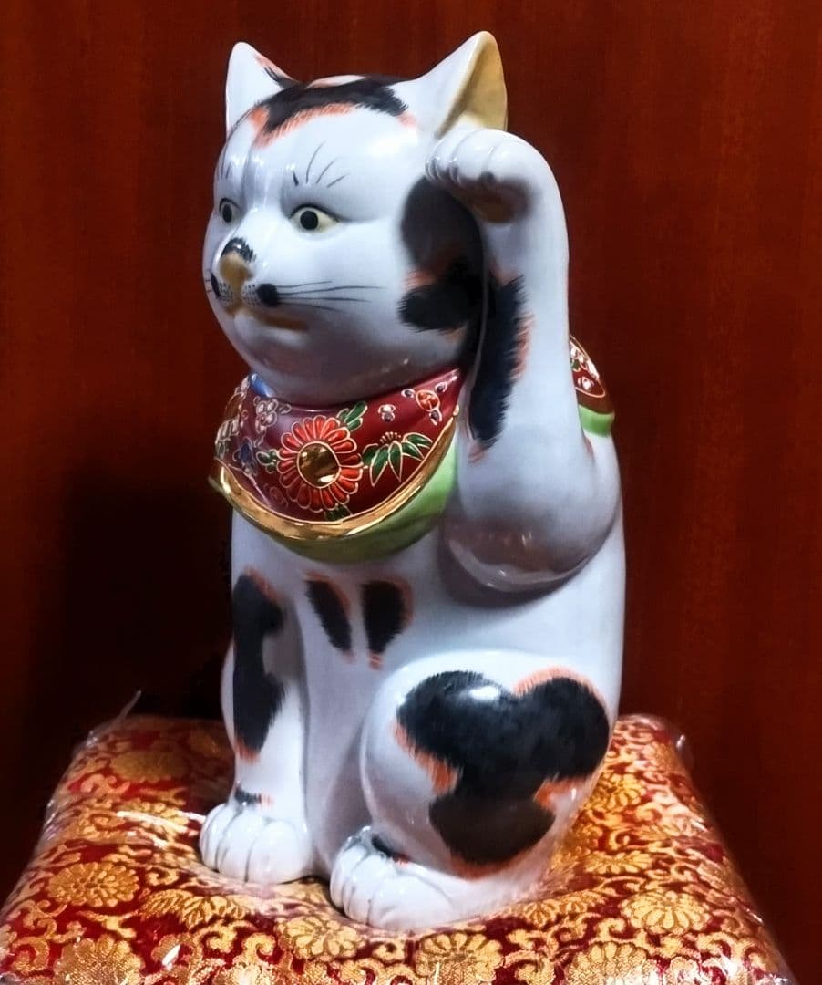 九谷焼 招き猫 三毛盛１０号 ３１センチ アンティーク 美品