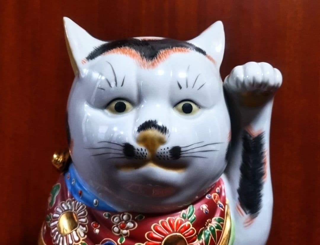 九谷焼 招き猫 三毛盛１０号 ３１センチ アンティーク 美品