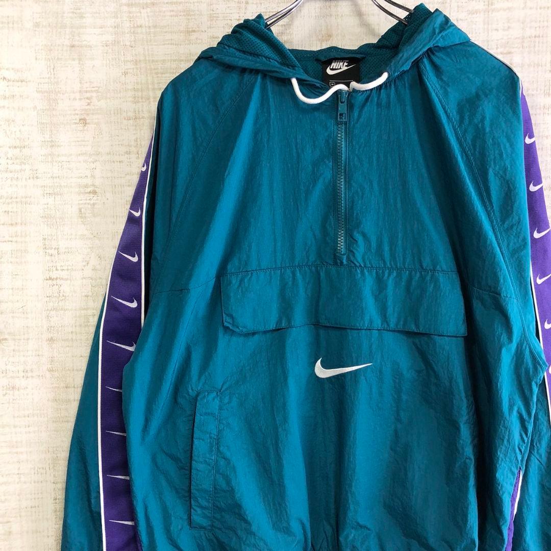 NIKE　ナイキ　スウッシュ刺繍　ハーフジップ　ナイロンジャケット　ブルー　L