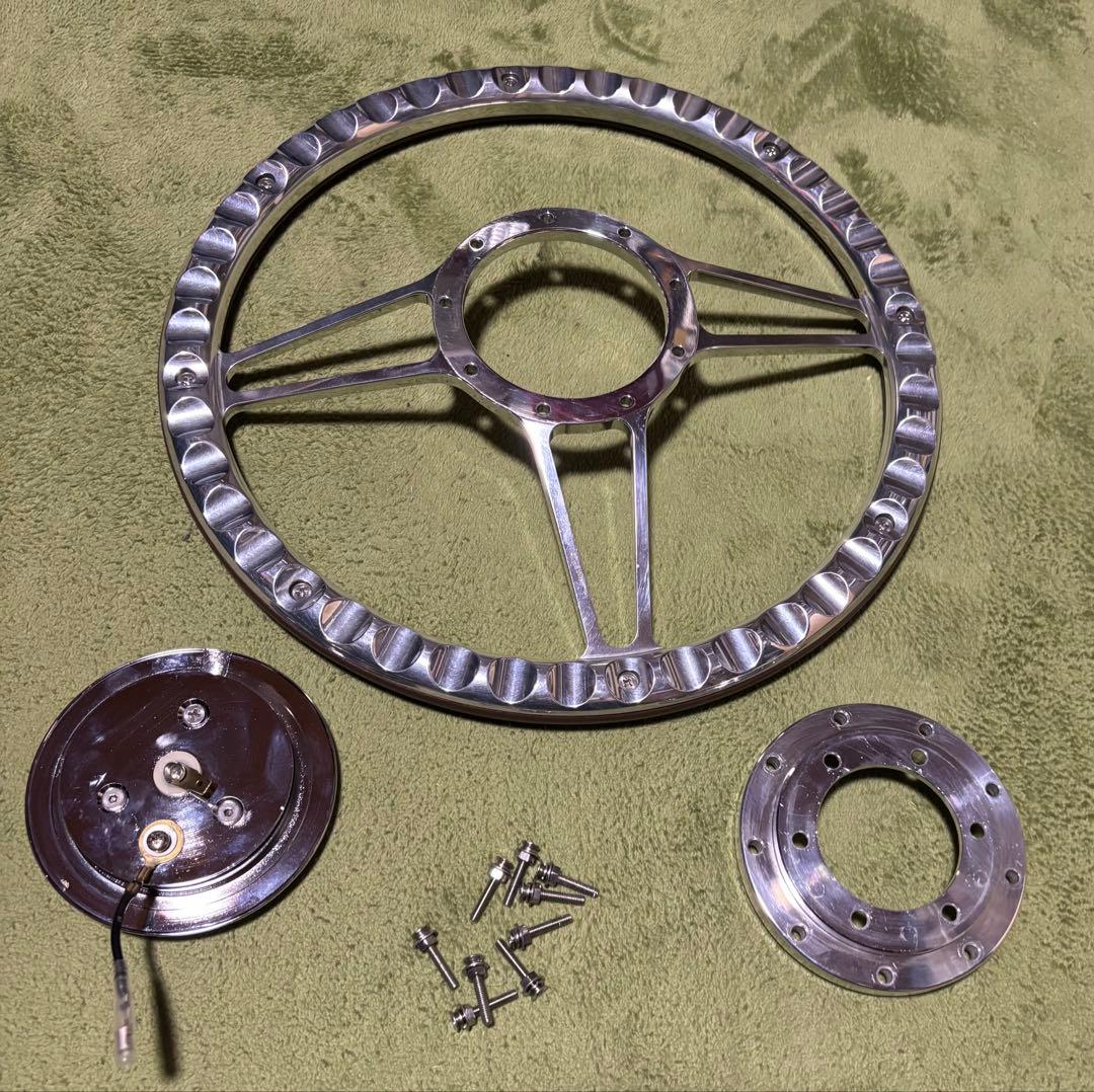 ビレットステアリング ブラウンレザー ホーンボタン付き 35cm 中古品 送料込