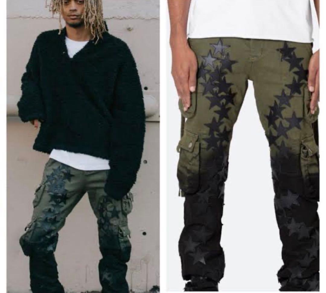 15000円2回のみ着用mnmlフレアカーゴパンツ 星型刺繍 オリーブグリーン