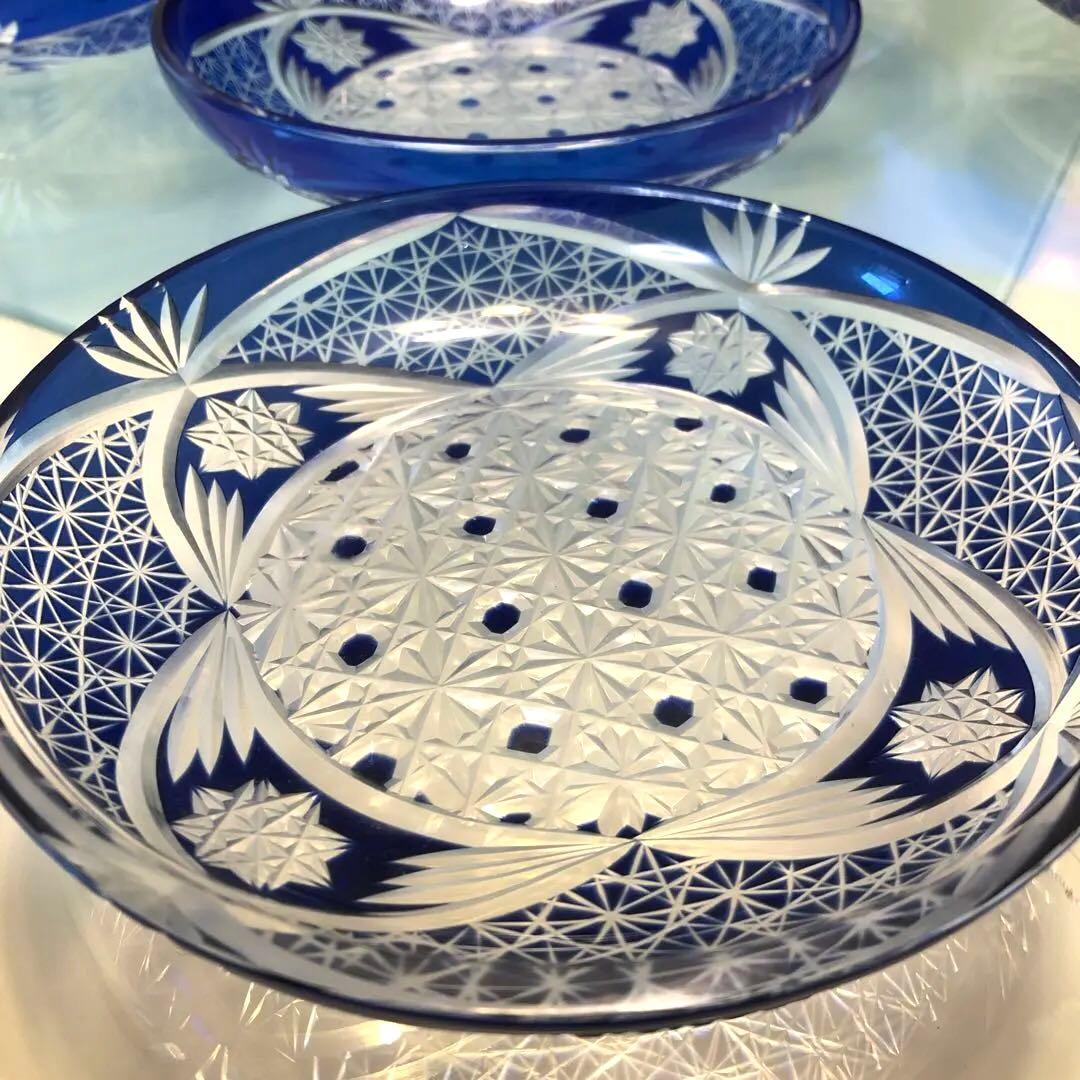 江戸切子　 瑠璃　麻の葉 菊龍目の文様昭和レトロ　8枚セット※説明必読