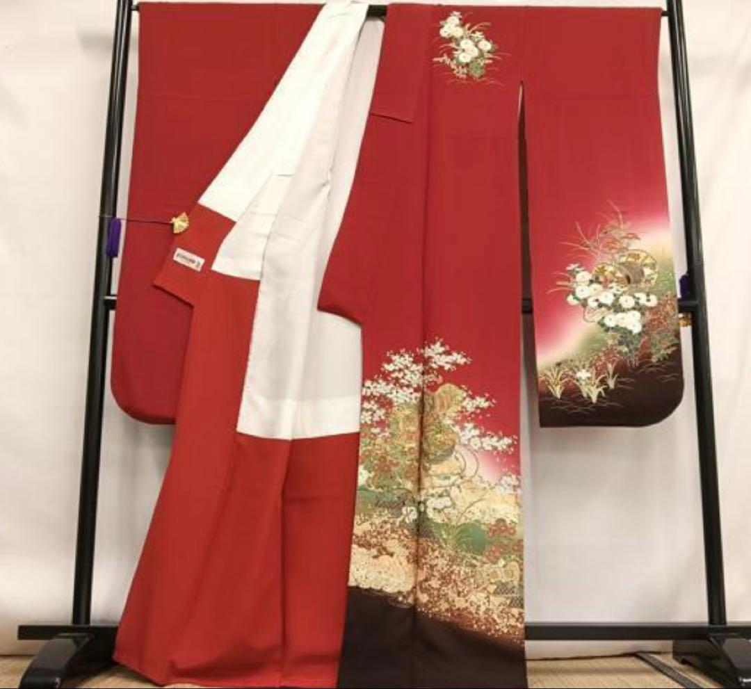 振袖フルセット6点サイズM〜Ｌ糸巻き花文　暈し染め　金彩　正絹