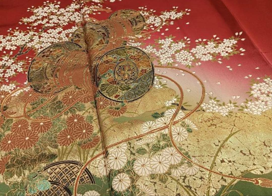振袖フルセット6点サイズM〜Ｌ糸巻き花文　暈し染め　金彩　正絹