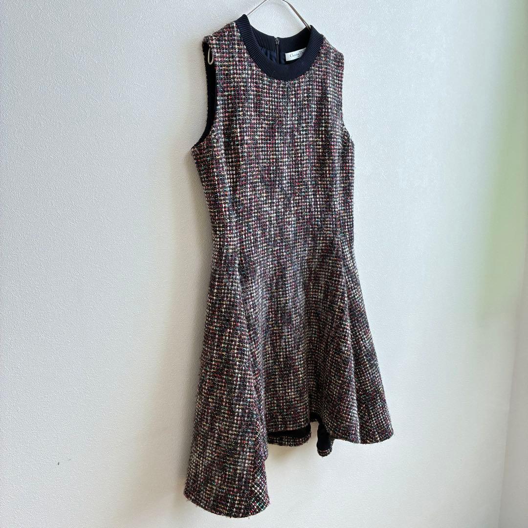 【クリスチャンディオール】ワンピース ノースリーブ ツイード ラメ マルチカラー