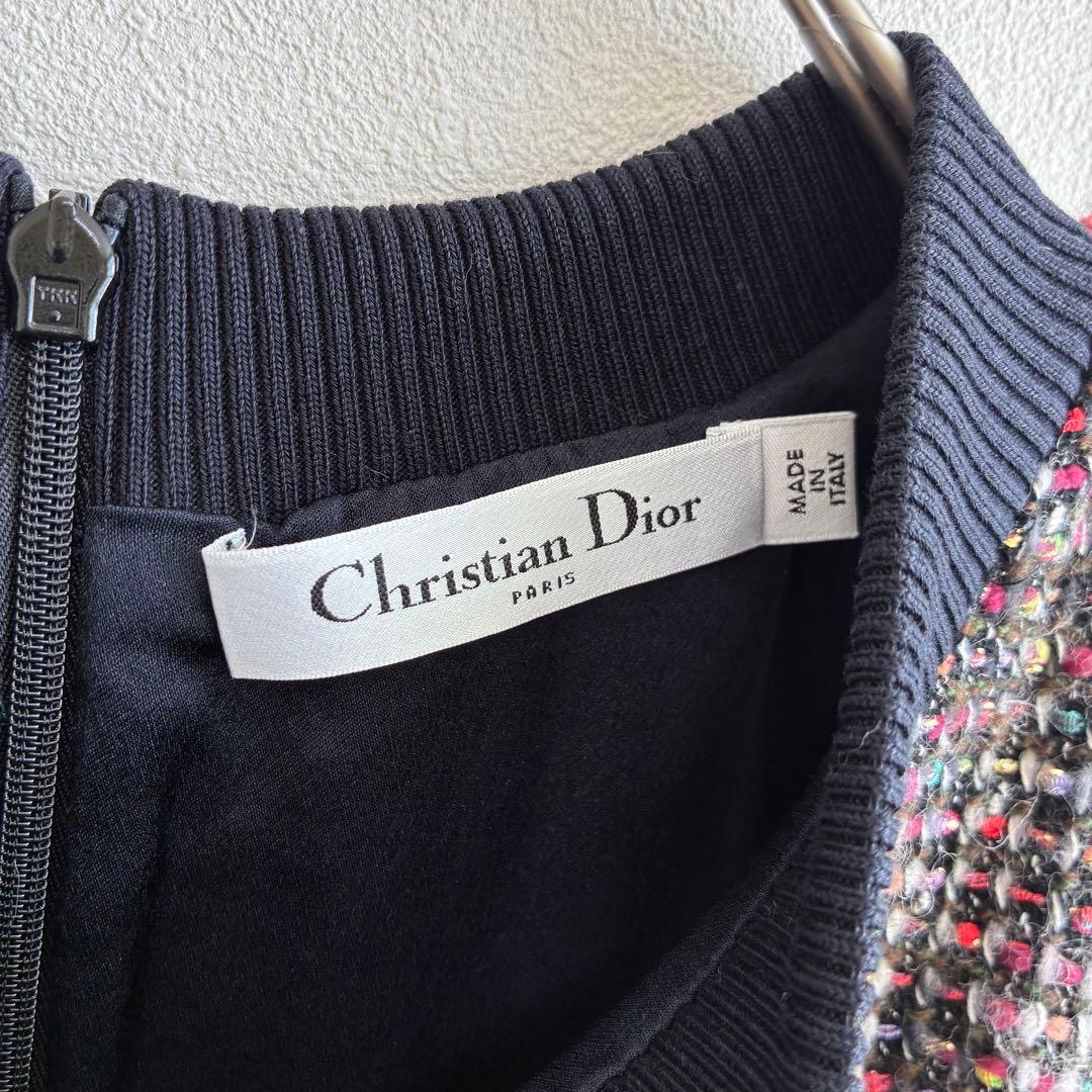 【クリスチャンディオール】ワンピース ノースリーブ ツイード ラメ マルチカラー