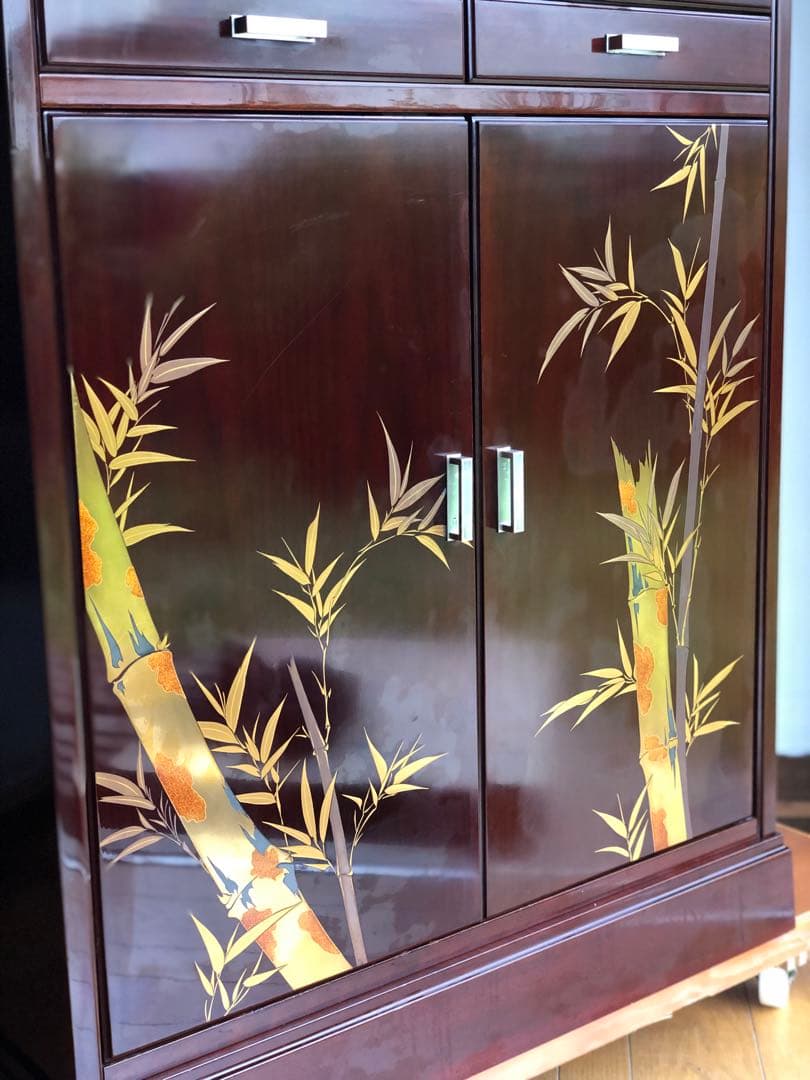 希少品 YAMAHA 昭和モダンキャビネット 蒔絵風意匠・ガラス戸 木製収納家具