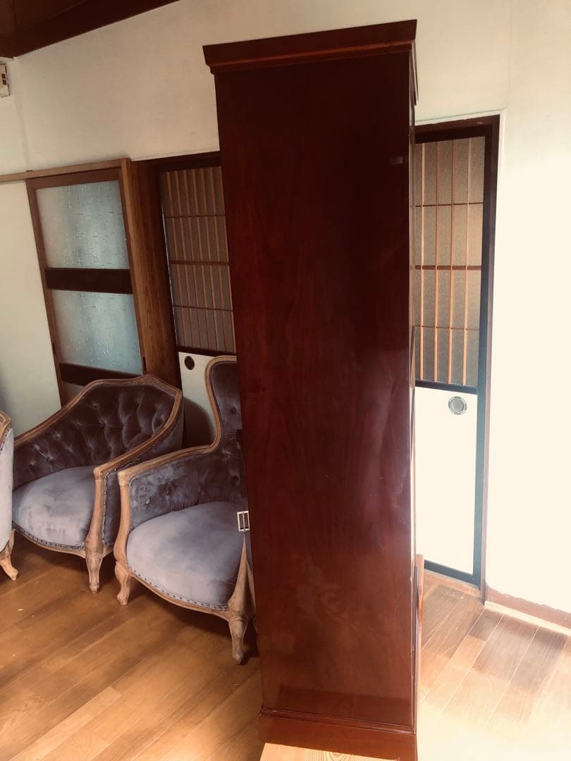 希少品 YAMAHA 昭和モダンキャビネット 蒔絵風意匠・ガラス戸 木製収納家具