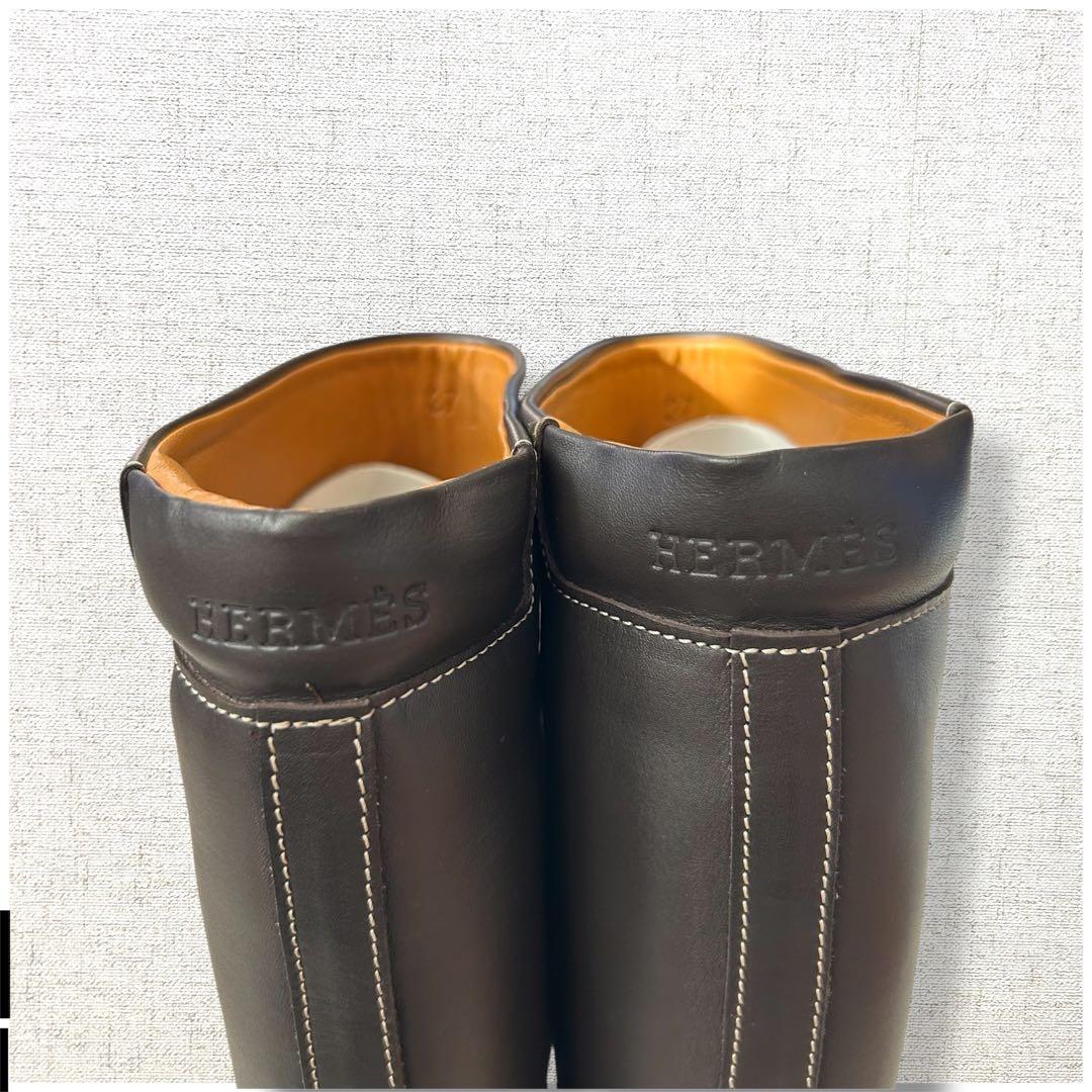 未使用級　ロゴ刻印　HERMES ロングブーツ　レインブーツ　オールレザー　37