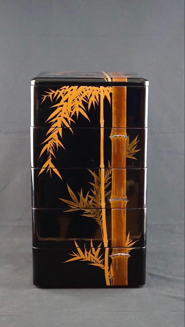 時代 竹梅蒔絵 家紋 内梨地 五段重箱 二枚蓋 螺鈿細工 青貝 木製 / 輪島塗