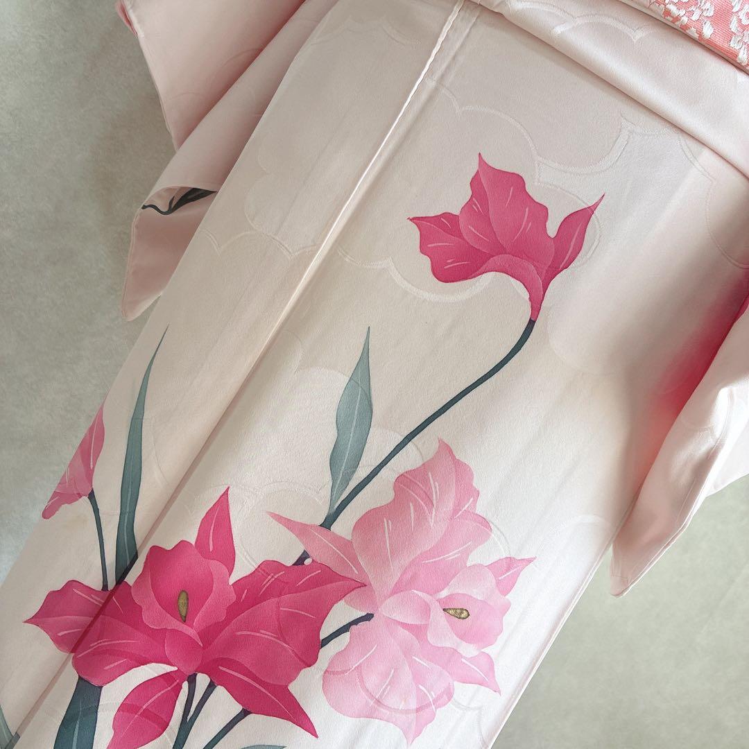 訪問着　フルセット　着物　正絹　ピンク　鮮やか華　百合　しつけ糸付き　J10