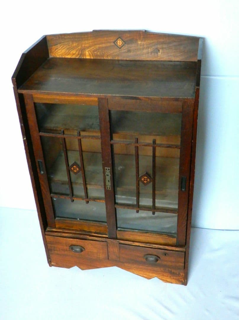 【昭和レトロ アンティーク】ヴィンテージ 木製棚 ガラスキャビネット