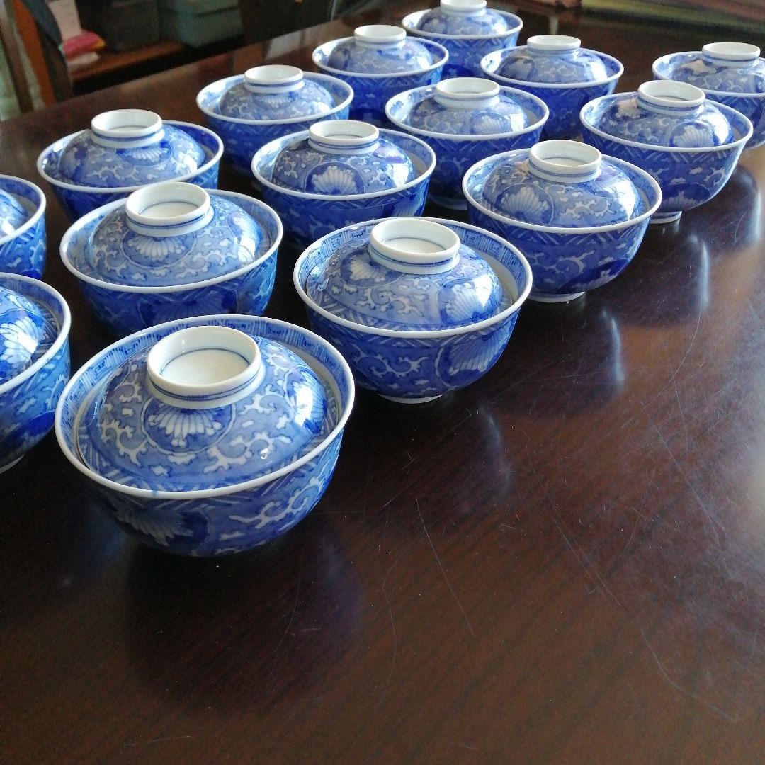 古伊万里　染付総模様蓋付碗　15客　10.8cm　江戸後期