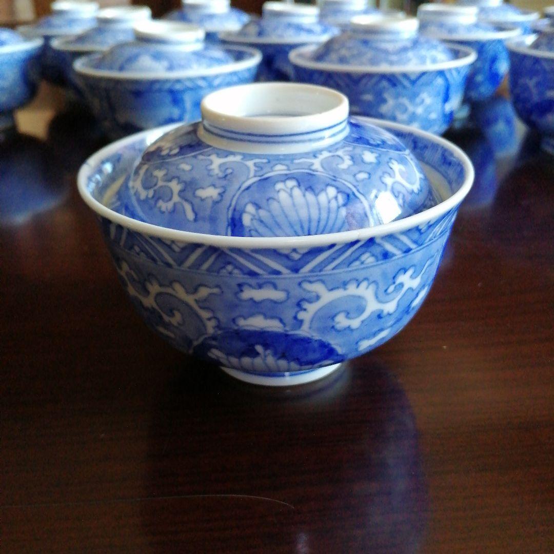 古伊万里　染付総模様蓋付碗　15客　10.8cm　江戸後期