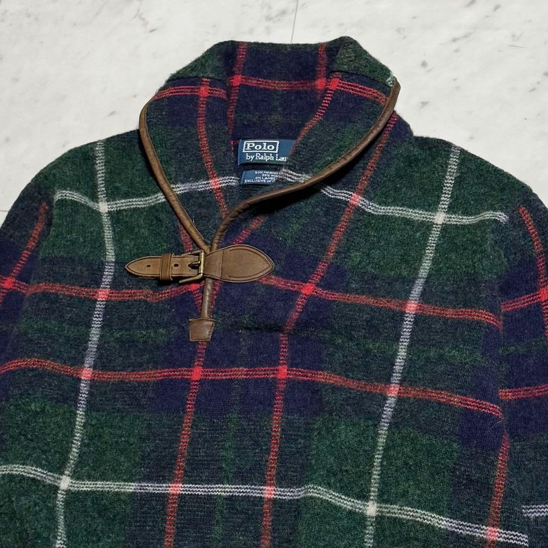 ポロバイラルフローレン レザーエルボーパッチウールニット 牛革 チェック柄 L