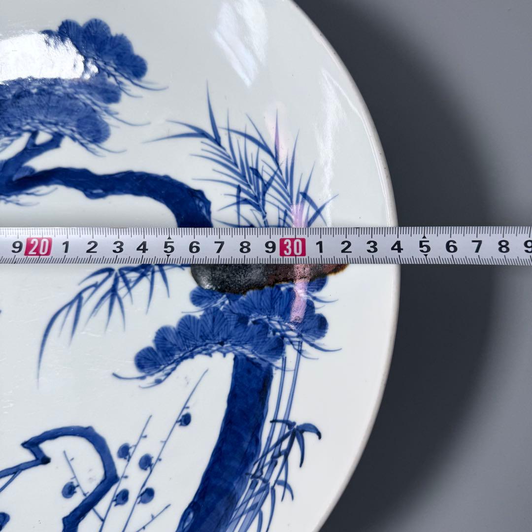 後期鍋島　染付松竹梅大皿　江戸期　三方兜唐花文　高台櫛目文　34cm　蒐集家旧蔵