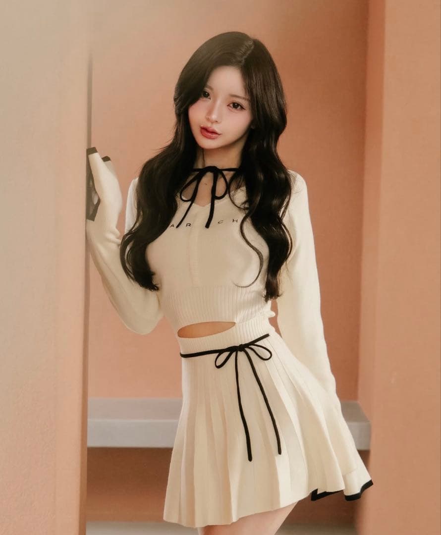 Darich ウエストオープンリボンデザインニットミニワンピース/IVO