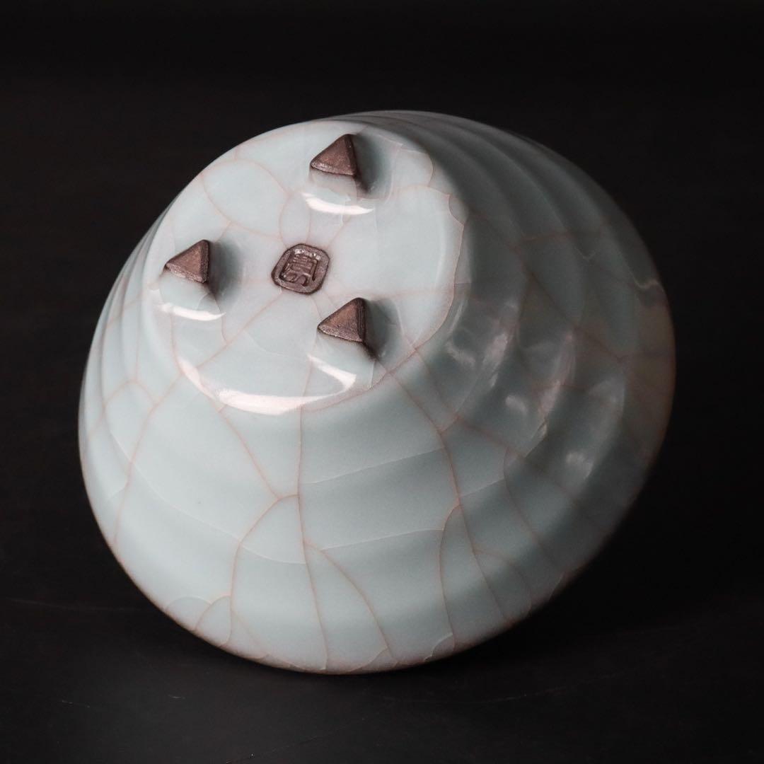 人気作家 峯岸勢晃 月白青瓷 線段香炉 共箱 共布 陶歴付