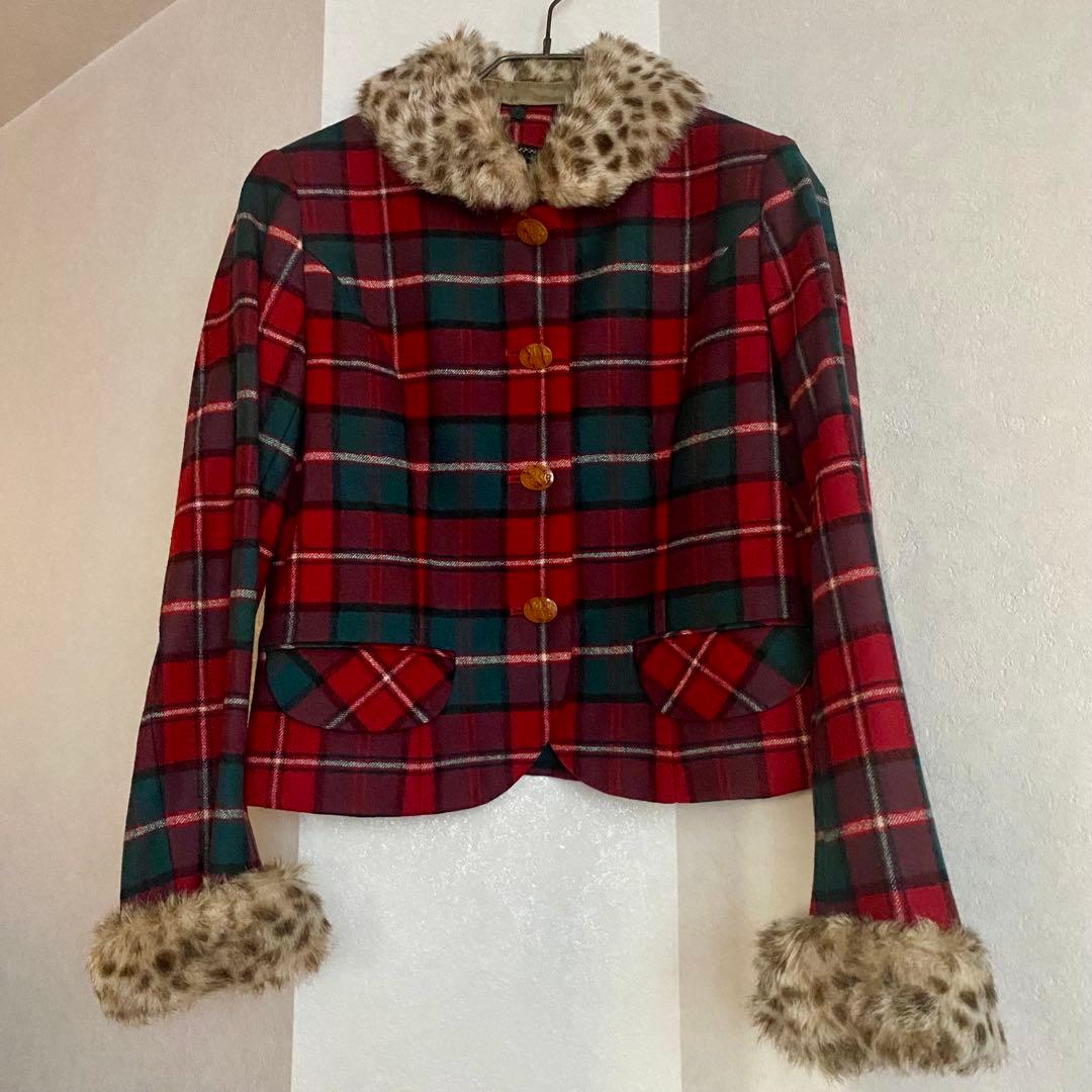 【美品】ジェーンマープル　タータンチェック　ケープ　ファー付きジャケット