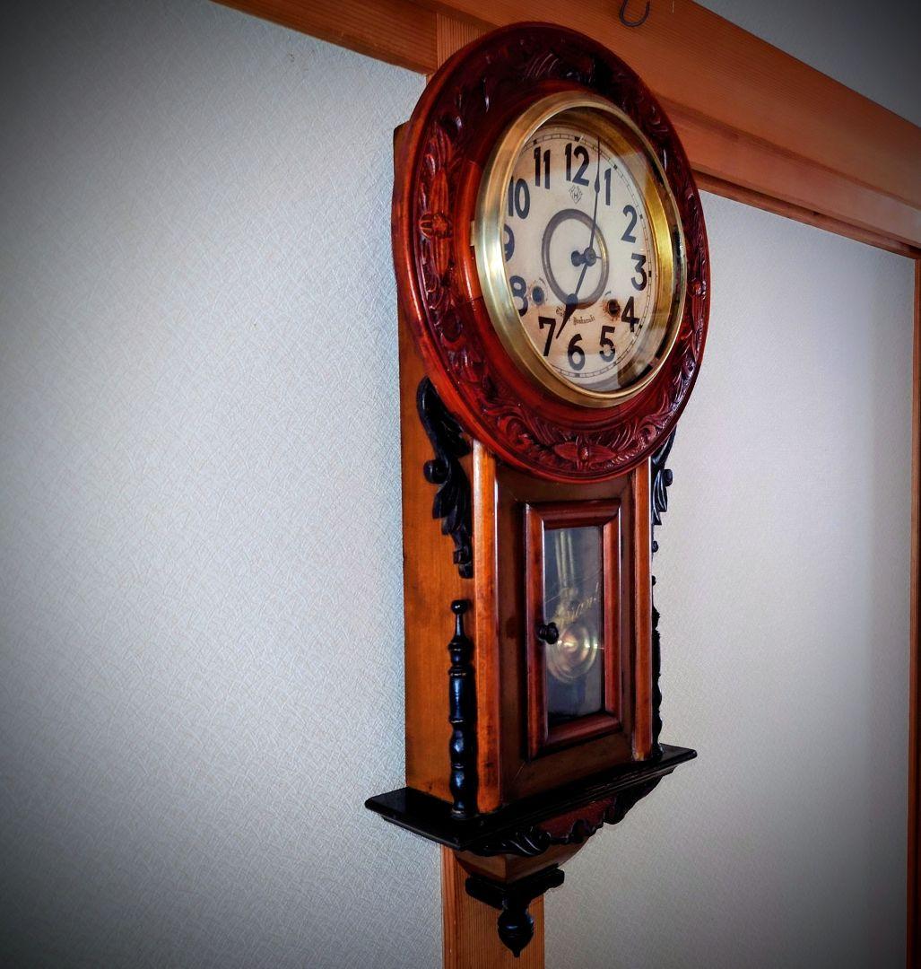 〈完動・美品〉愛知時計製造　希少小型鎌倉彫り装飾ひまわりゼンマイ振り子時計