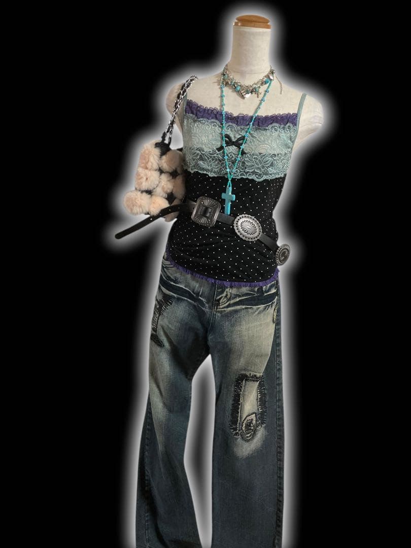 y2k水玉ドット２段レースリボンキャミ平成甘めギャルフェアリーグランジゴシック