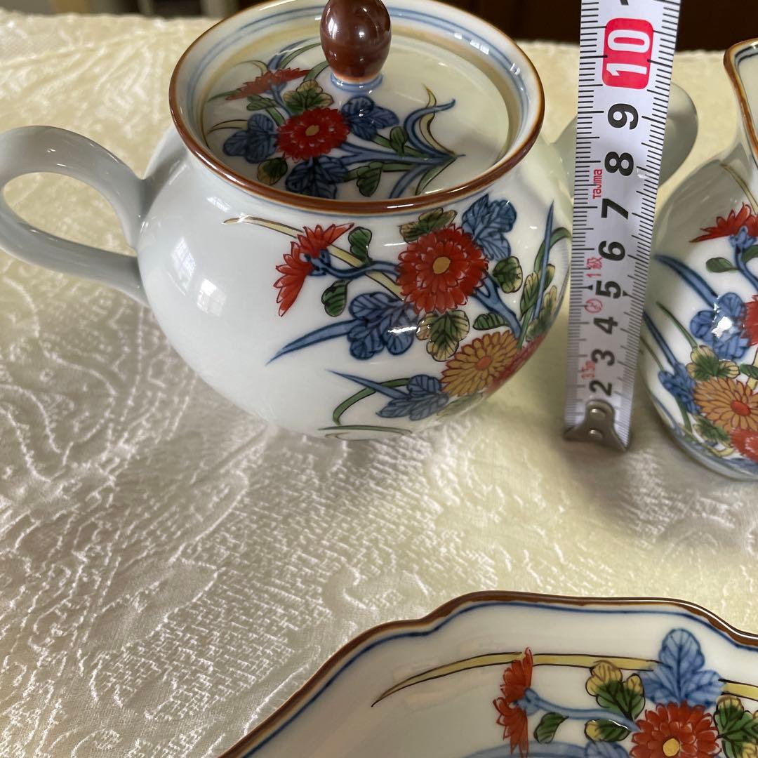 源右衛門窯　古伊万里風菊江腕皿　コーヒーカップ　シュガーポット　クリーマー