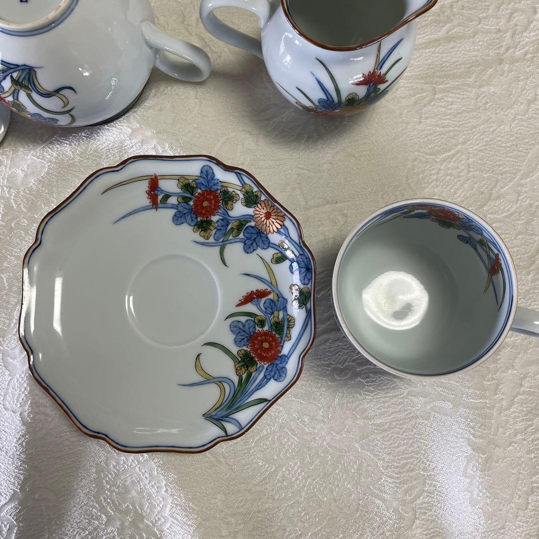 源右衛門窯　古伊万里風菊江腕皿　コーヒーカップ　シュガーポット　クリーマー