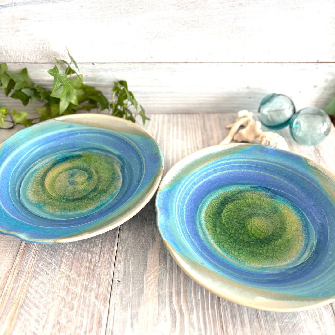 碧 フラワープレート パスタ皿 ターコイズ トルコブルー 2枚セット 益子焼