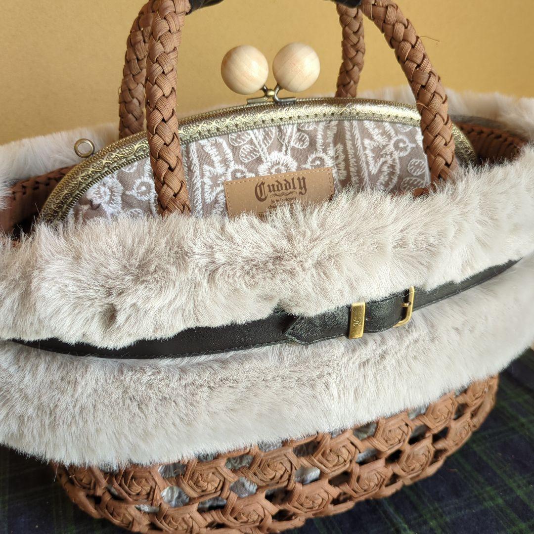 ●チャコ籠用ミナペルホネン風鳥花がま口あけび山葡萄かごバッグフェイクファー