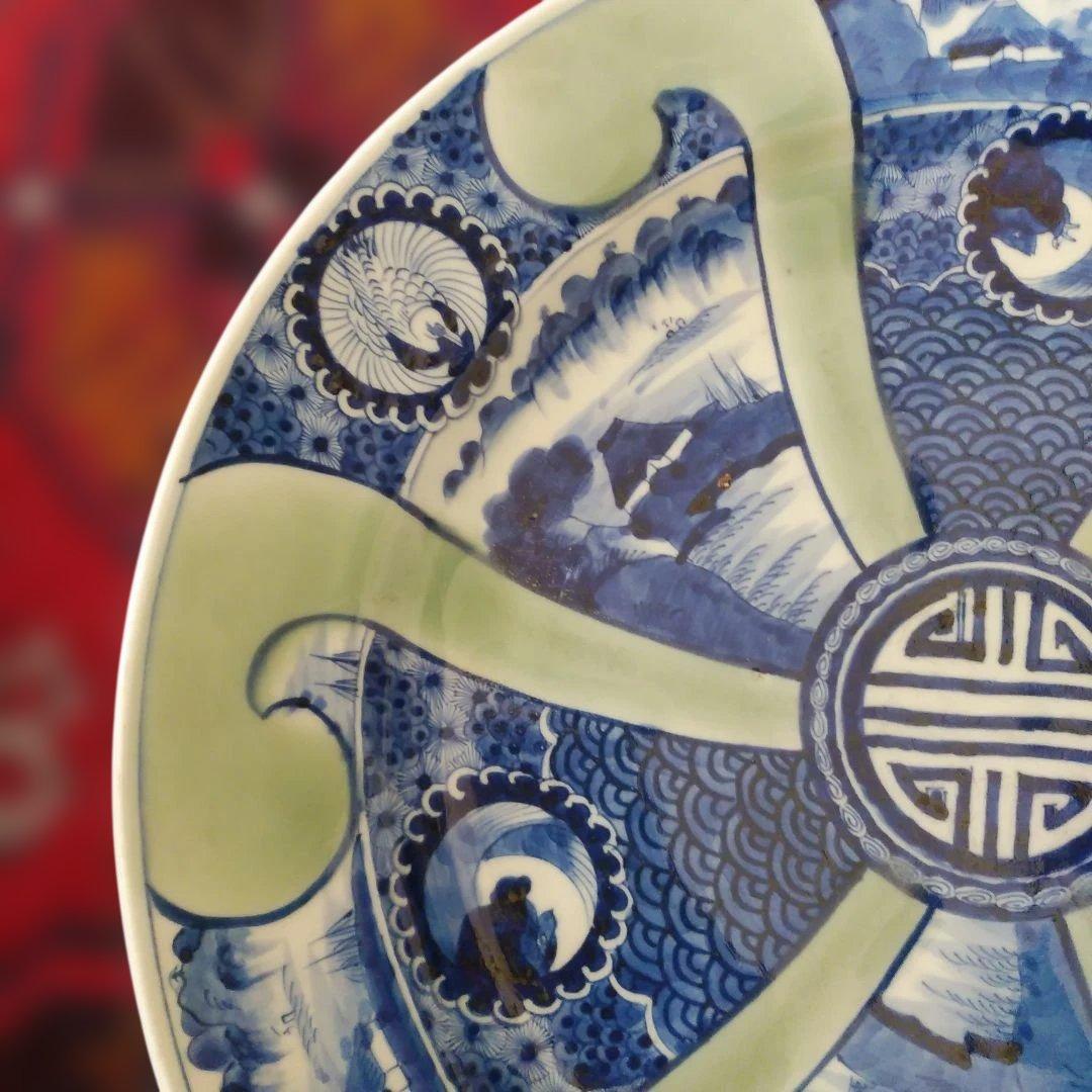 希少　珍品　 古伊万里 有田官窯　青磁染付大皿　特大皿　口径約44cm　有田焼