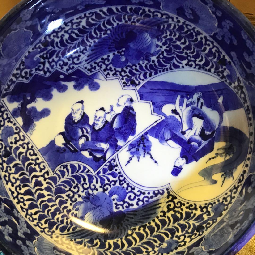 921古伊万里　染付　鳳凰に雲龍　竹林七賢人紋様　『角福』銘　大鉢　1客