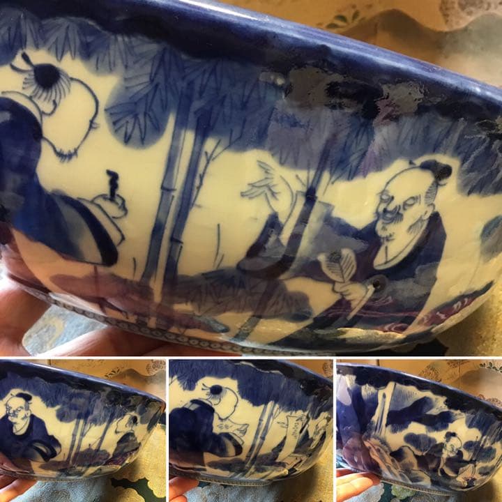 921古伊万里　染付　鳳凰に雲龍　竹林七賢人紋様　『角福』銘　大鉢　1客