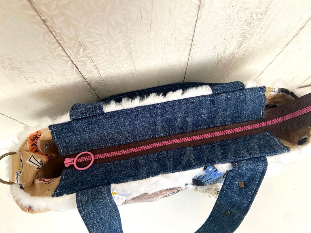 デニムリメイクバックS パール付きフワモコ×うさぎ