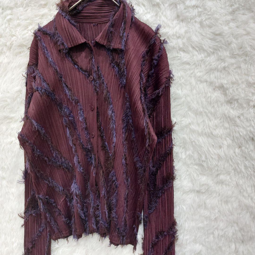 美品★プリーツプリーズ　イッセイミヤケ　フリンジブラウス　ワイン　薄手ジャケット