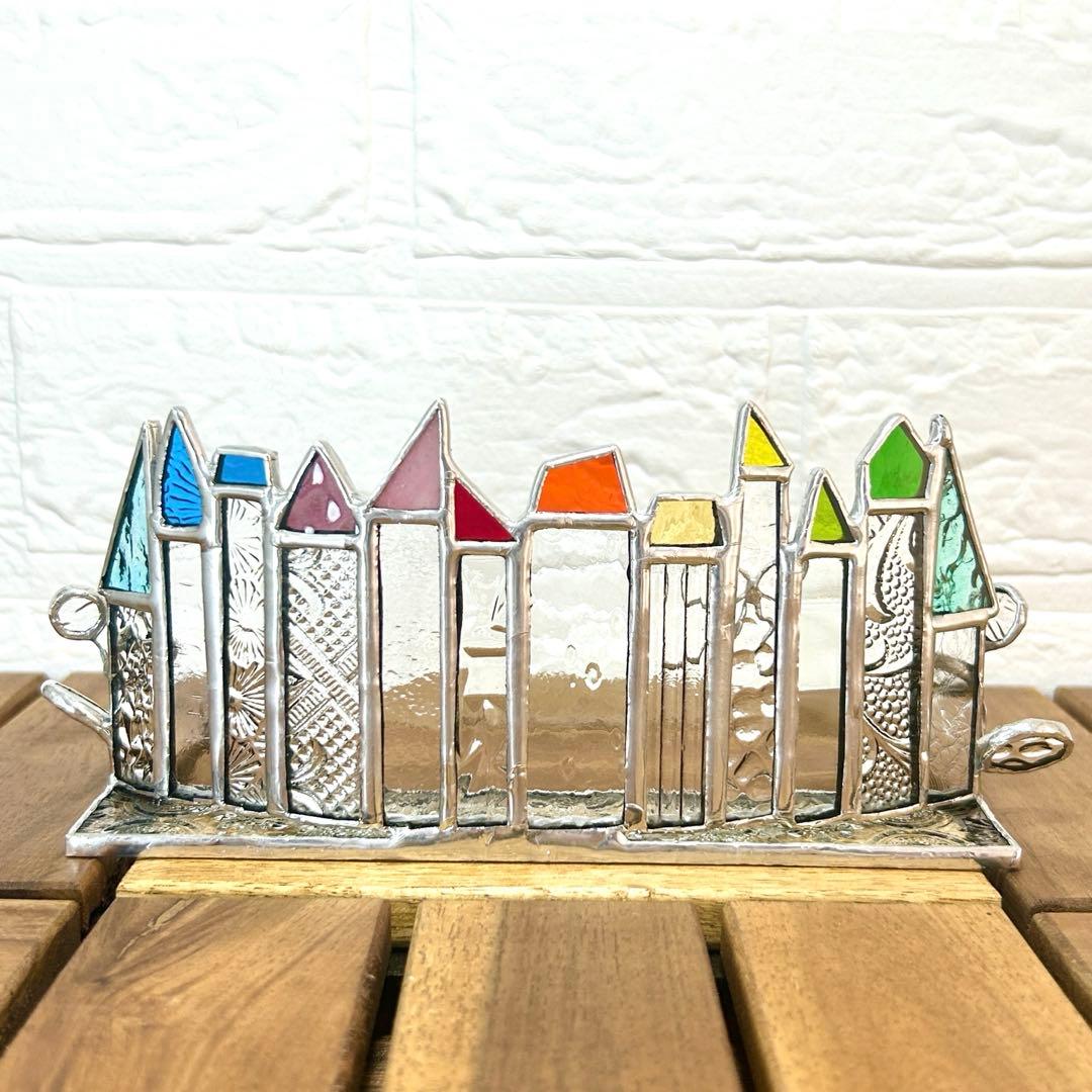 ステンドグラス(ハンドメイド) 6点おまとめ 色鉛筆、ハウス、パネル、一輪挿し