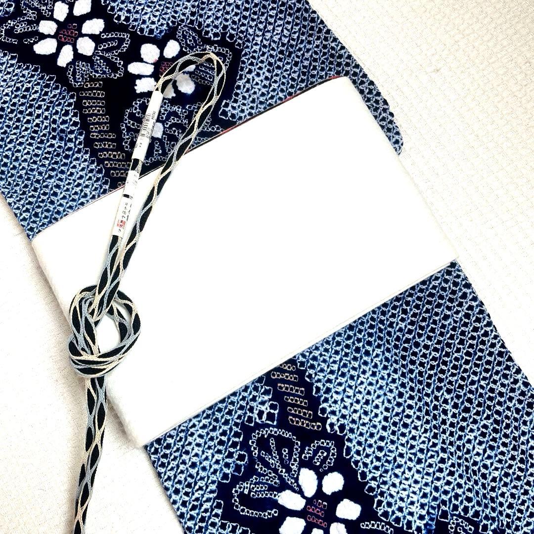 有松鳴海絞り 枝花紋様 よろけ縞 藍色×白×ベージュ Sサイズ 美品